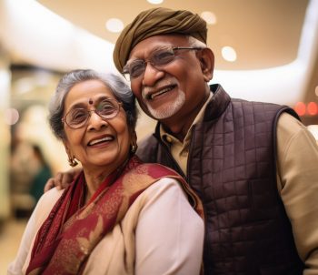 Indian Senior couple giving happy expression at super market